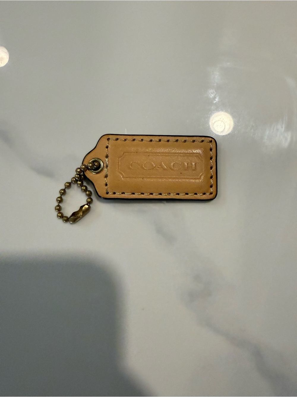 Coach Tan Leather Key Tag with Brass Ball Chain